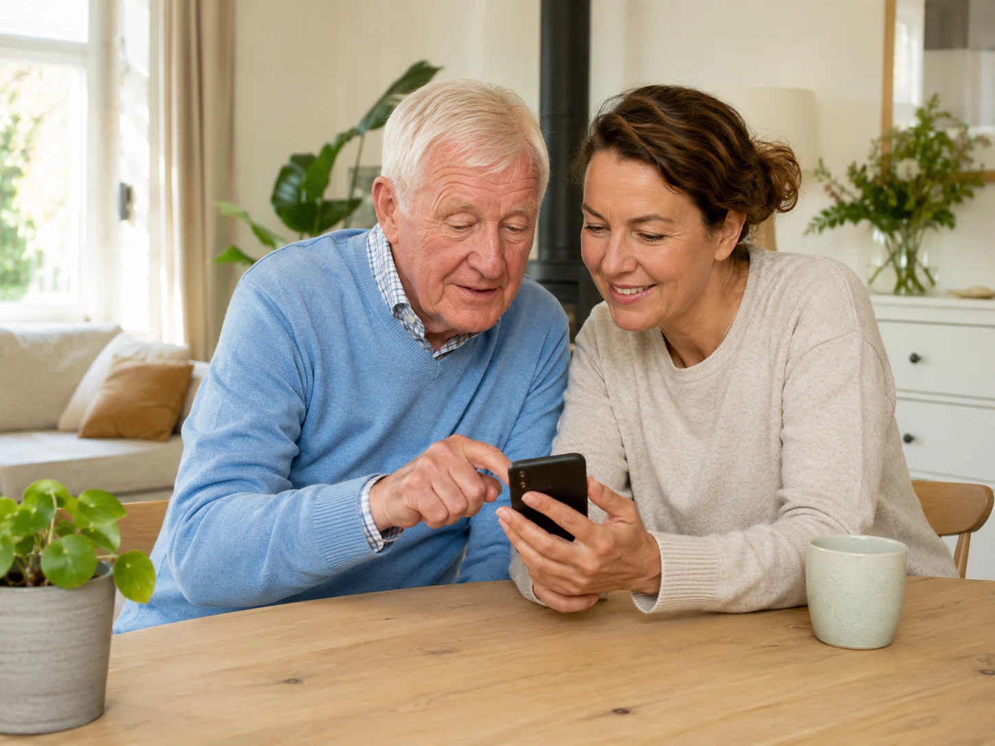 Oudere man en zijn dochter bekijken samen een smartphone