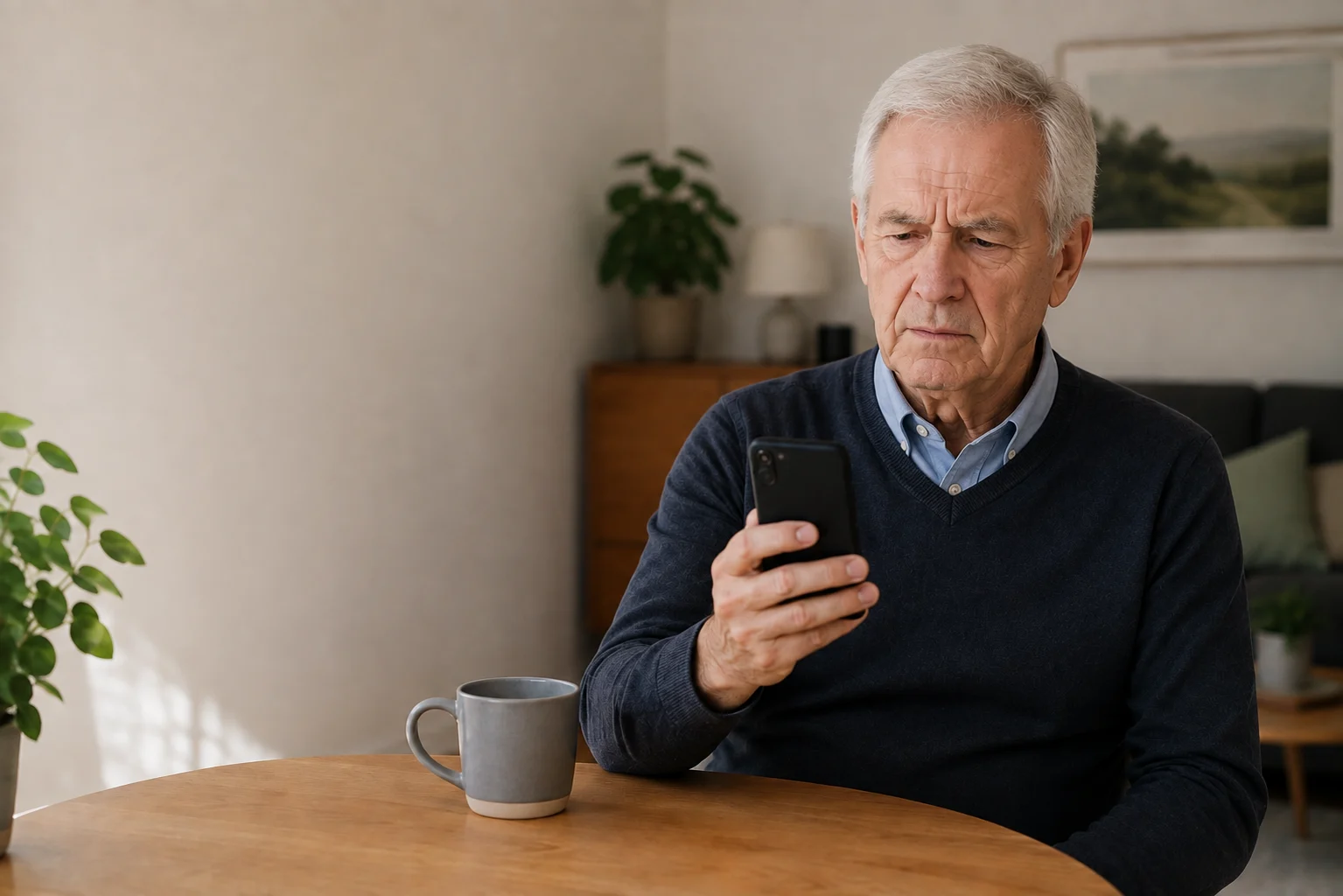 Een man bekijkt aandachtig een bericht op zijn telefoon