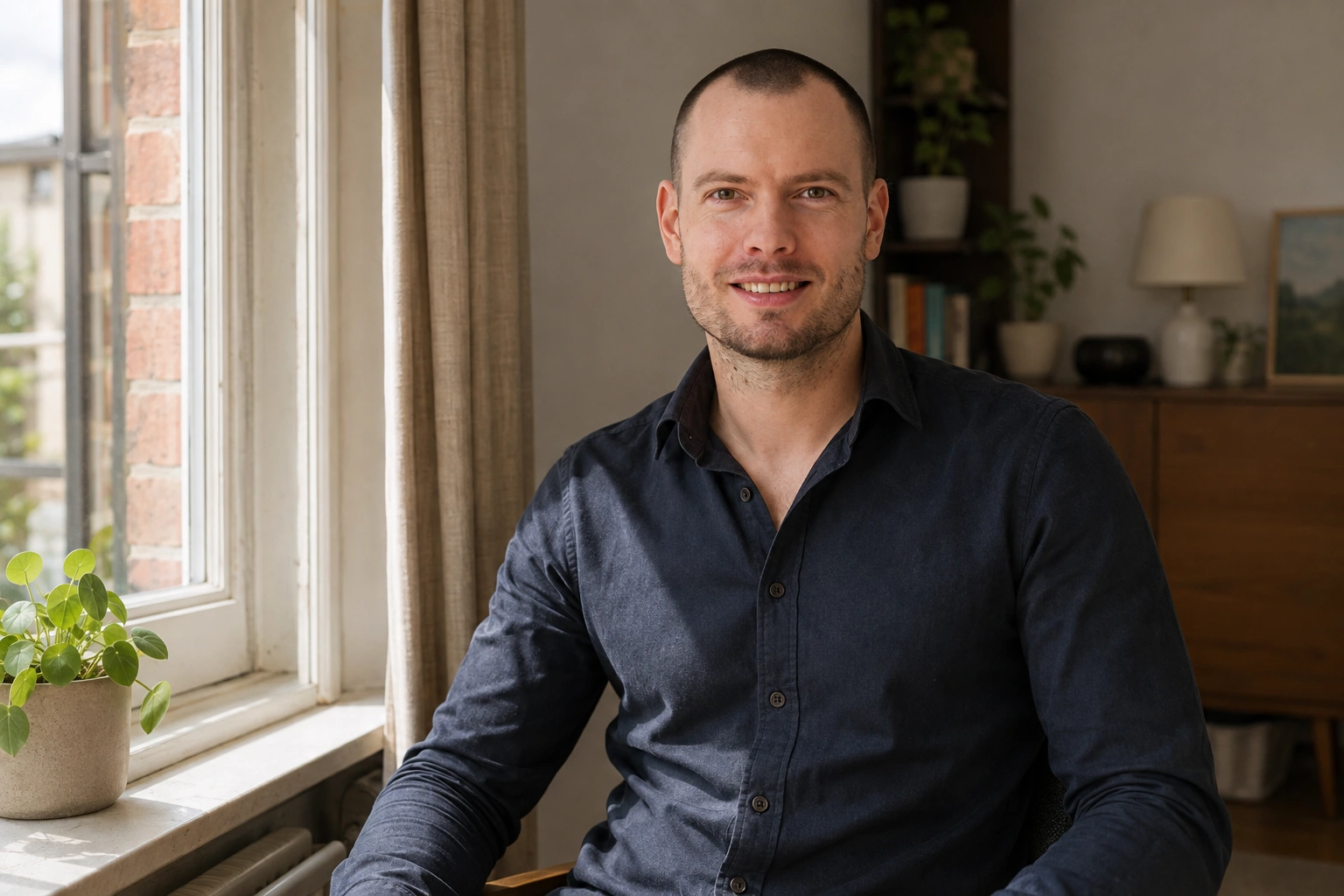 Allard van DigiGerust zit ontspannen bij het raam