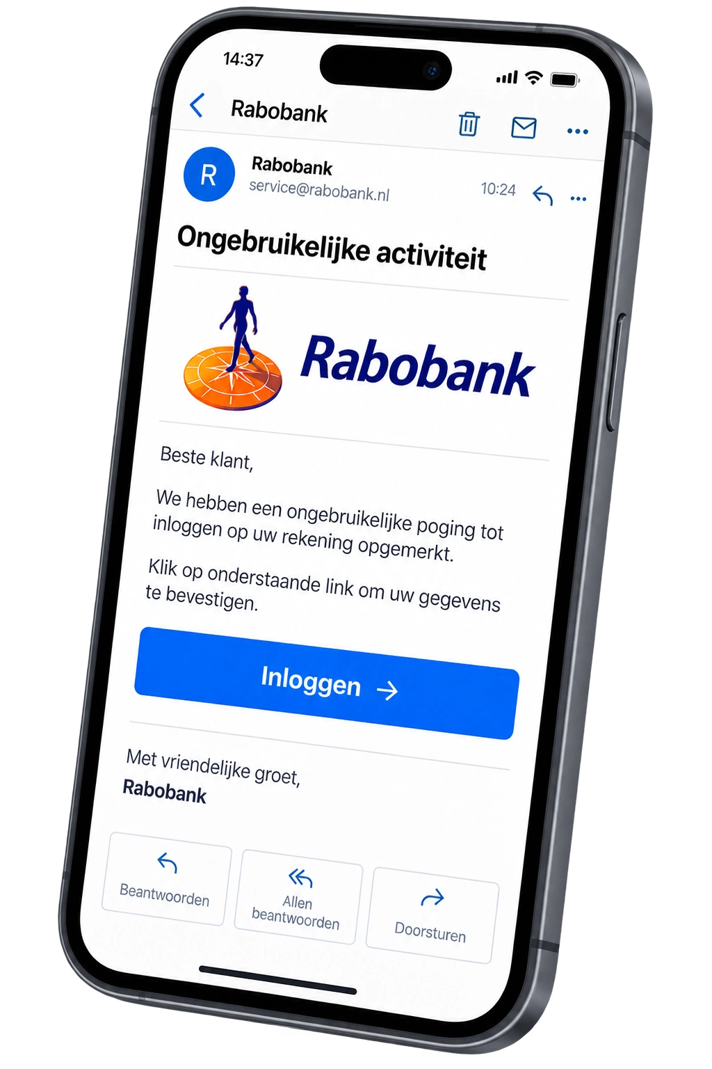 Voorbeeld van een phishingbericht dat zich voordoet als bericht van een bank