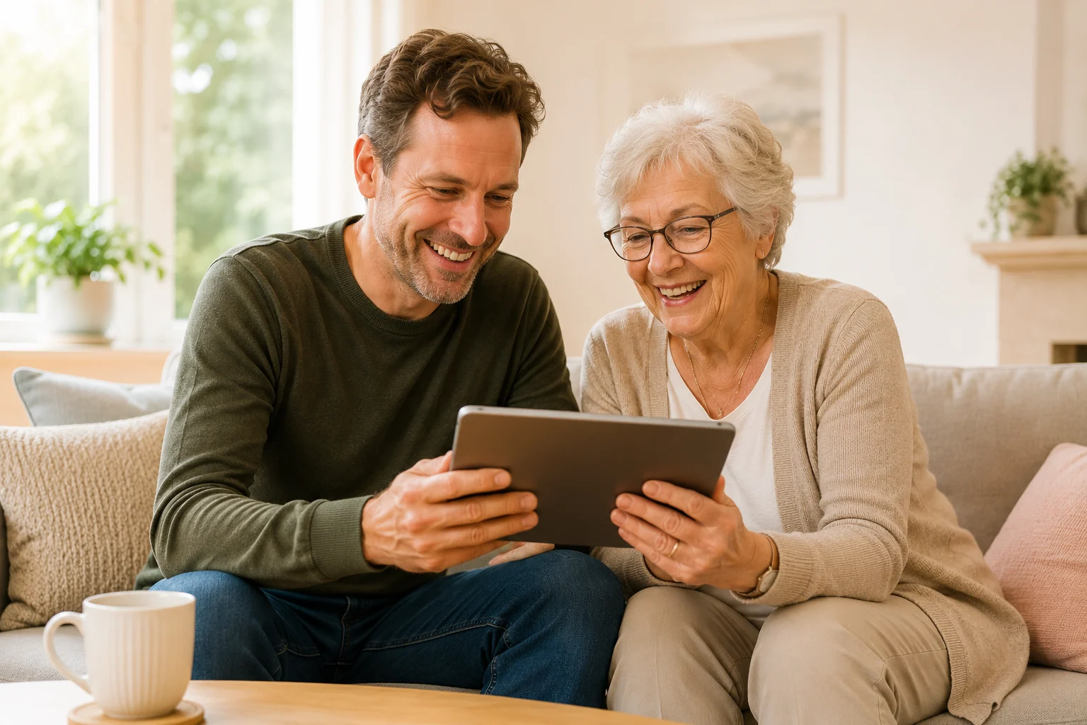 Een zoon en zijn moeder bekijken samen iets op een tablet
